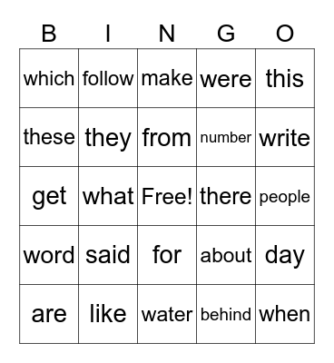 Sight Words Bingo Card