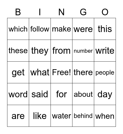 Sight Words Bingo Card