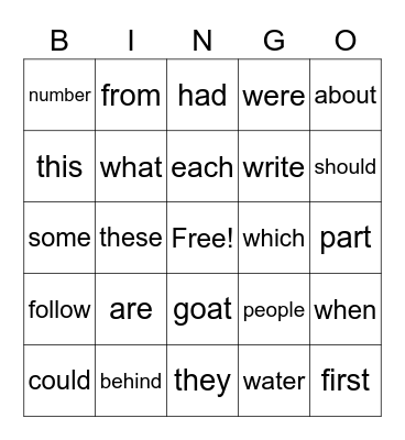 Sight Words Bingo Card