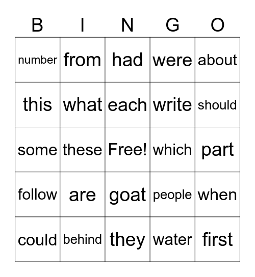 Sight Words Bingo Card