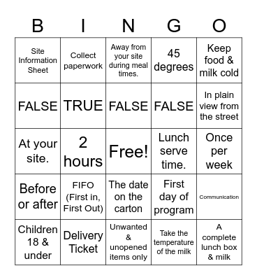 NDS Summer Meals Bingo Card