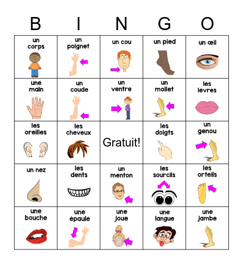 Les Parties du Corps Bingo Card