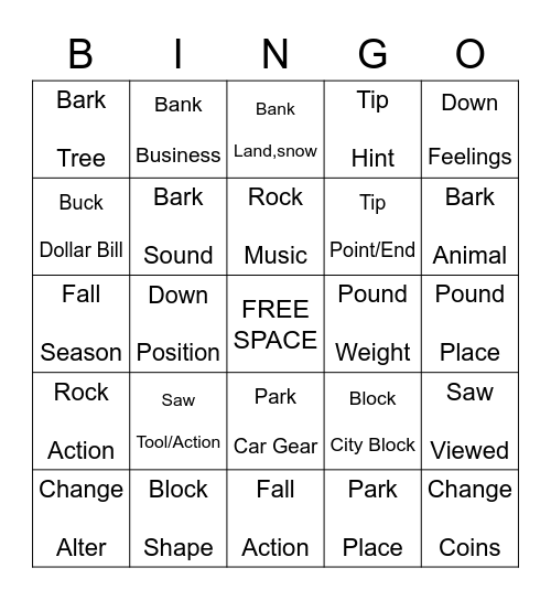 Homograph Bingo Card