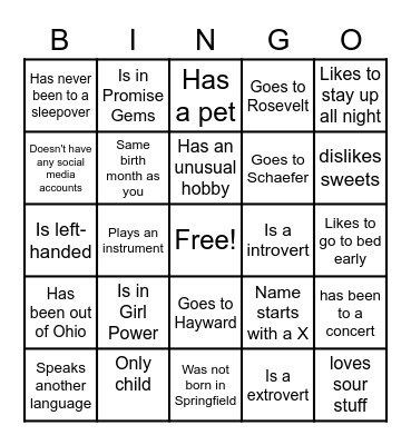 Get To Know You Bingo Card
