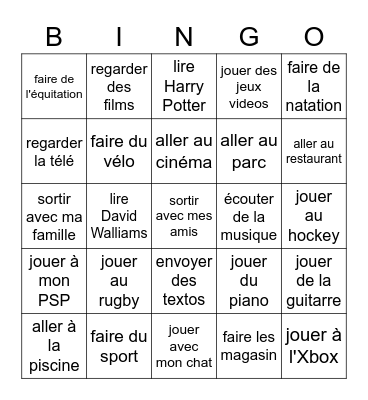 P7 Hobbies Bingo Card