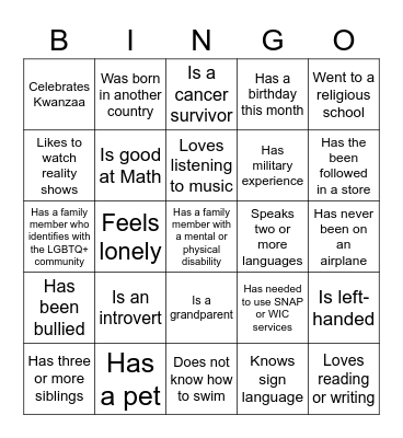 Meeting New People: Someone who... Bingo Card