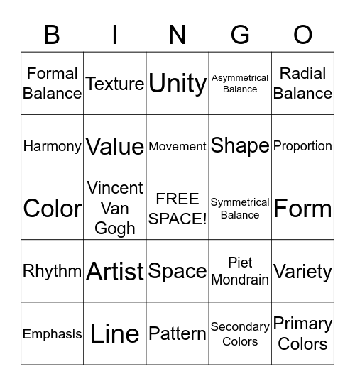Principles and Elements of ART Bingo Card