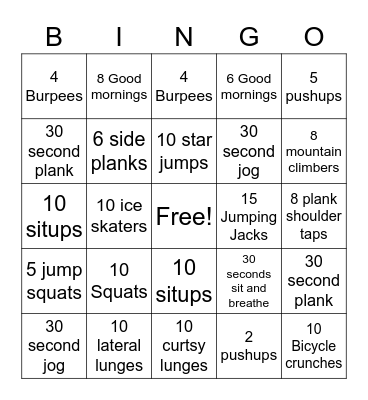 Fitness Bingo Card