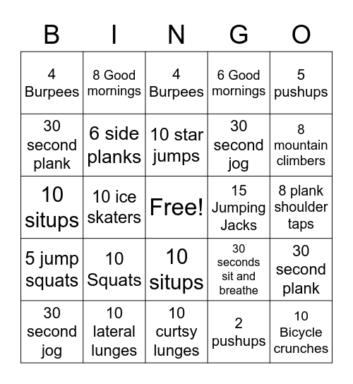 Fitness Bingo Card