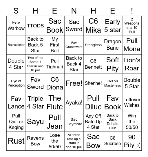 Shenhe Bingo Card