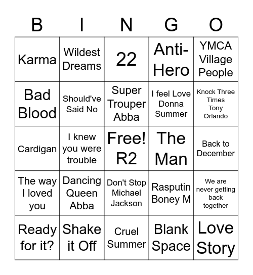 T-Swifty Bingo R2 Bingo Card