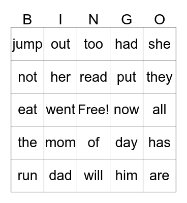 Word Wall Words Bingo Card