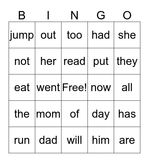 Word Wall Words Bingo Card