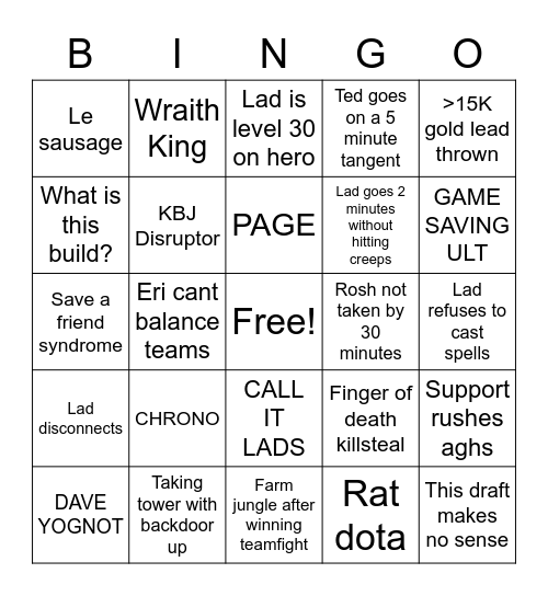 Flax's In House Bingo Card