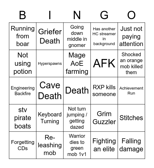 Hardcore Death Clips Bingo Card