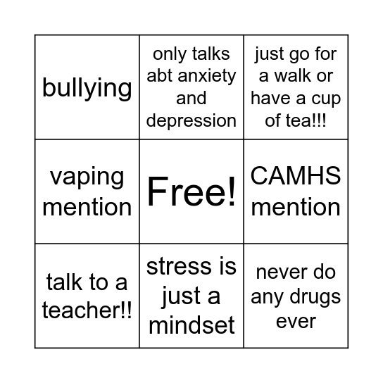 mental health assembly bingo Card