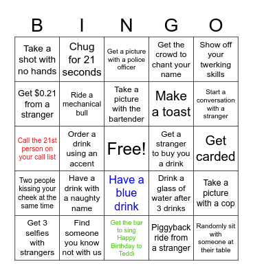 Teddi's 21st Birthday BINGO Card