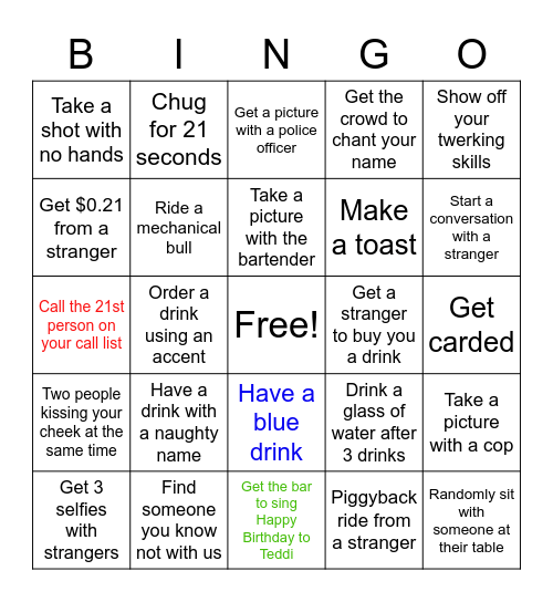 Teddi's 21st Birthday BINGO Card