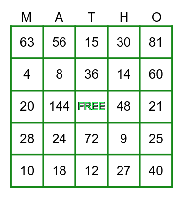 Multiplication Bingo (w/answers) Bingo Card
