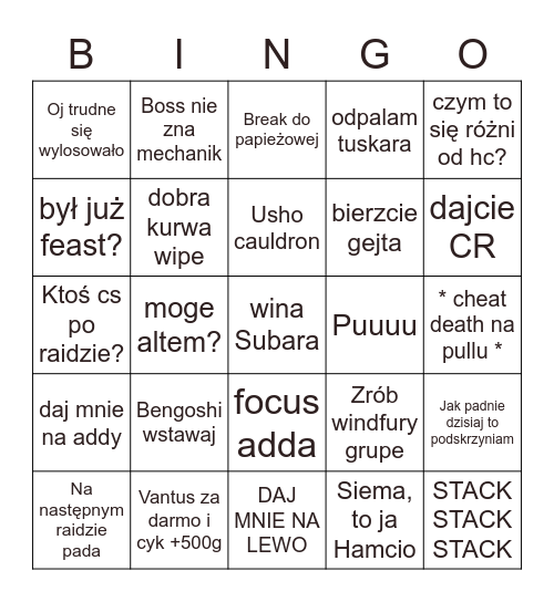 Smoki i Gołe Baby Raid Bingo Card