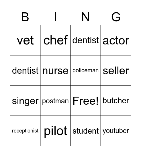 occupations Bingo Card