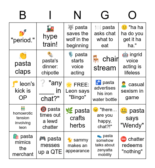 Pasta + RE4 Remake Bingo Card