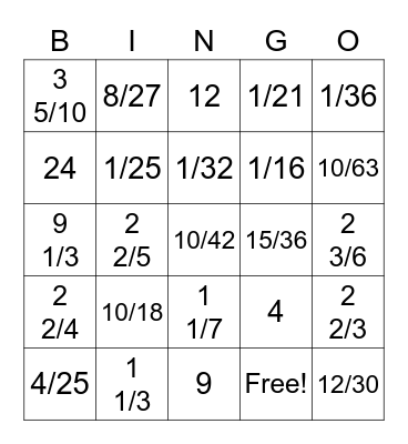 Multiypling and Dividing Fractions Bingo Card