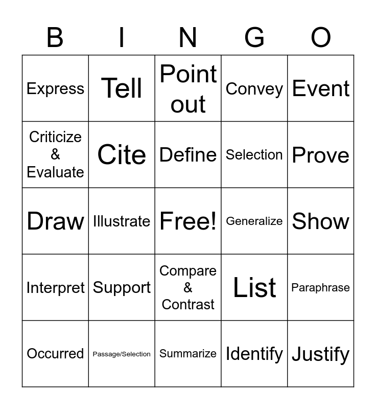 ELA MCAS VOCAB Bingo Card