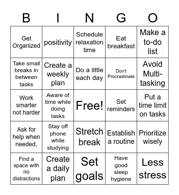 Time management bingo Card