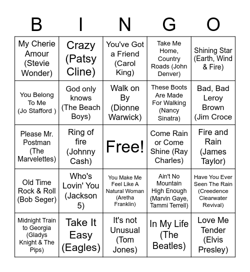 60s & 70s Bingo Card