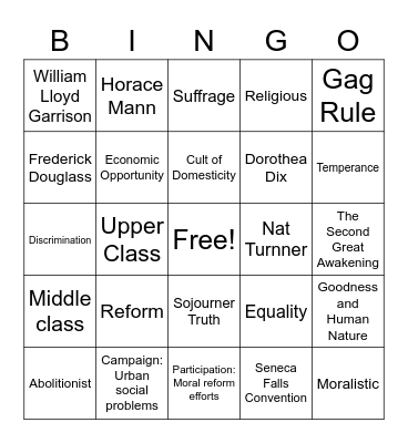 Reform Movements Bingo Card