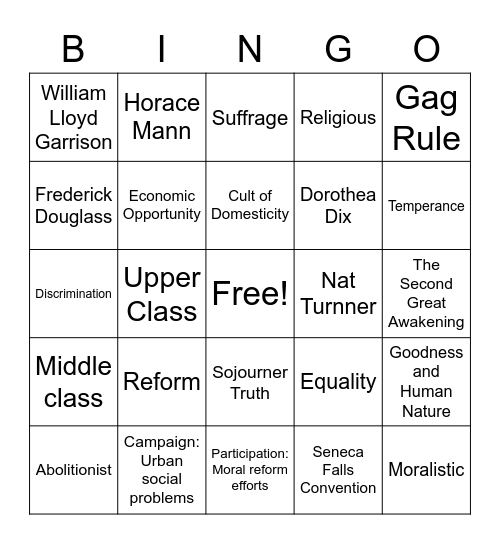 Reform Movements Bingo Card