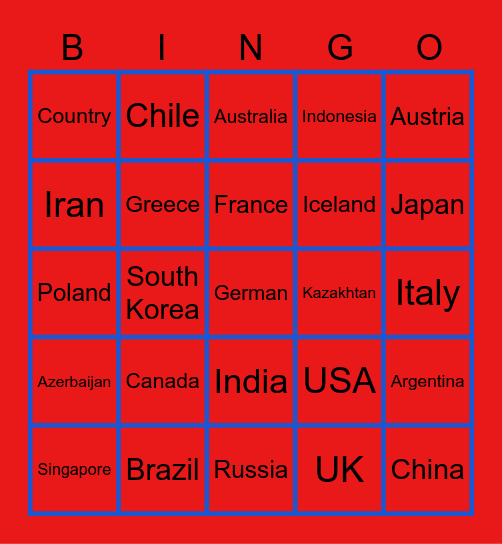 Countries Bingo Card