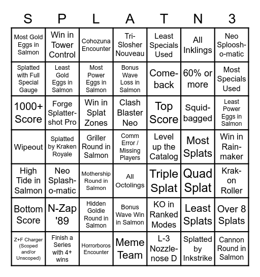 Splatoon 3 Bingo Card