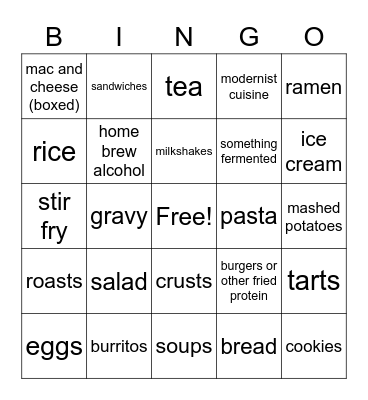 Things we've cooked Bingo Card