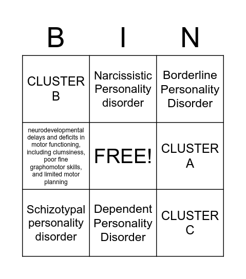 Personality Disorders Bingo Card