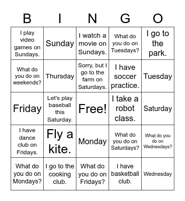What do you do on weekends? Bingo Card