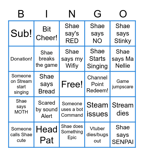 Shae's Stream Bingo Card