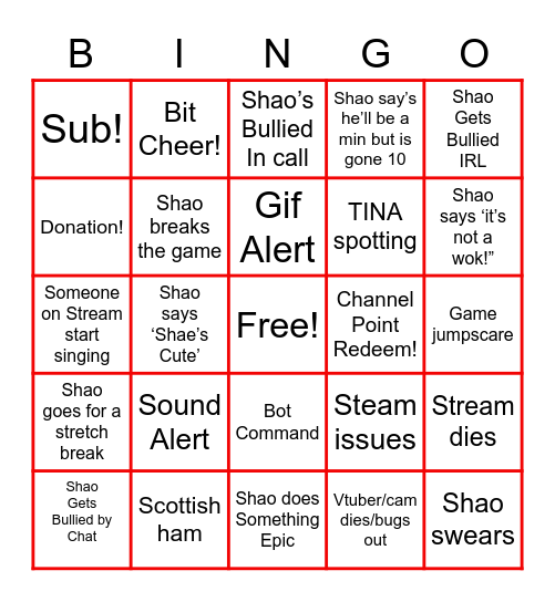 Shao’s Stream Bingo Card