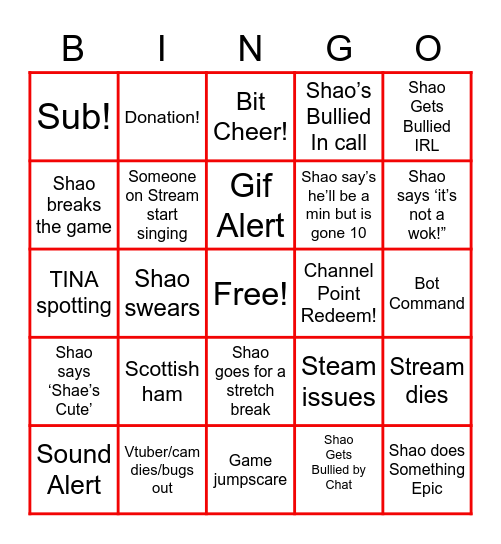 Shao’s Stream Bingo Card