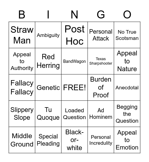 Logical Fallacy Bingo Card