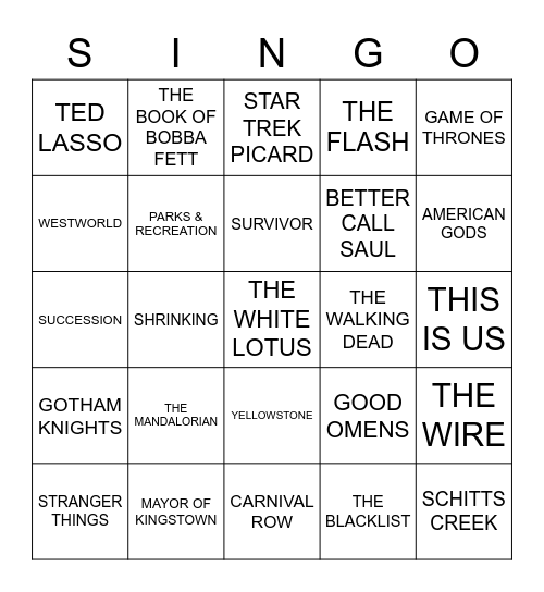 801 LATEST TV THEMES Bingo Card