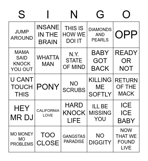 800 BEST RAP SONGS OF THE 90’S Bingo Card