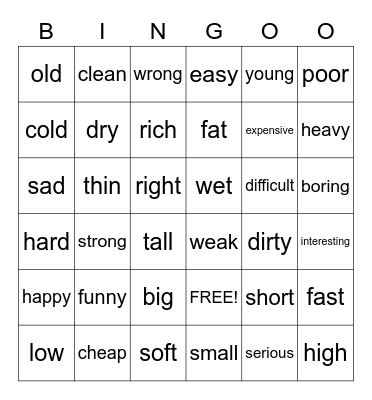Opposite adjectives Bingo Card