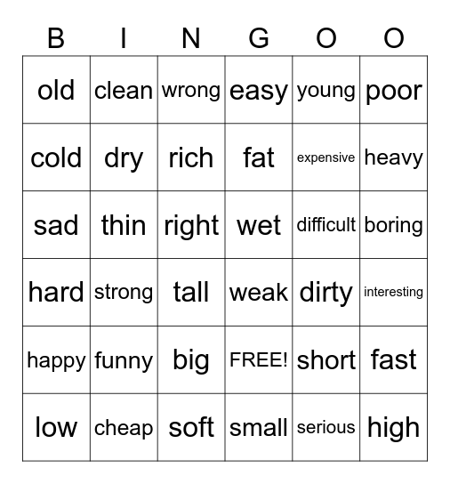 Opposite adjectives Bingo Card