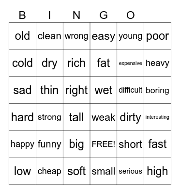 Opposite adjectives Bingo Card