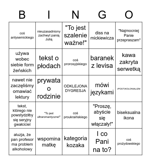 Romantyzm z Rzońcą Bingo Card