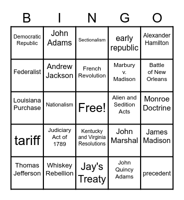 Washington's Presidency Bingo Card