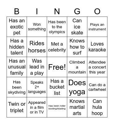 Experience Bingo Card