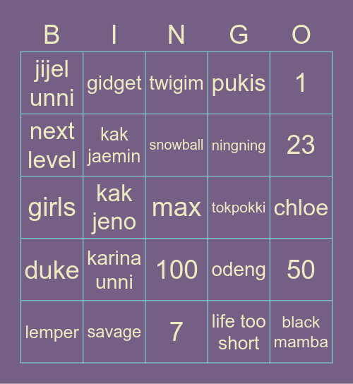 Bingo Ningie Bingo Card